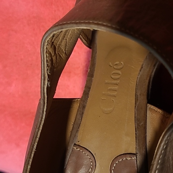 Chloe Stacked Heel Leather Wedges w Peep Toe Shoes Size  38.5  US 8.5 - Picture 3 of 11